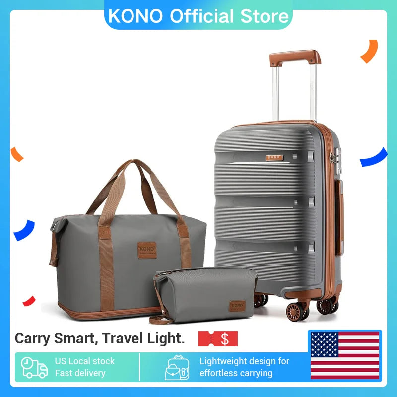 Kono 3-Piece Lightweight Hard Shell Suitcase Set with Travel & Toiletry Bags, Cabin Carry-On Trolley Luggage