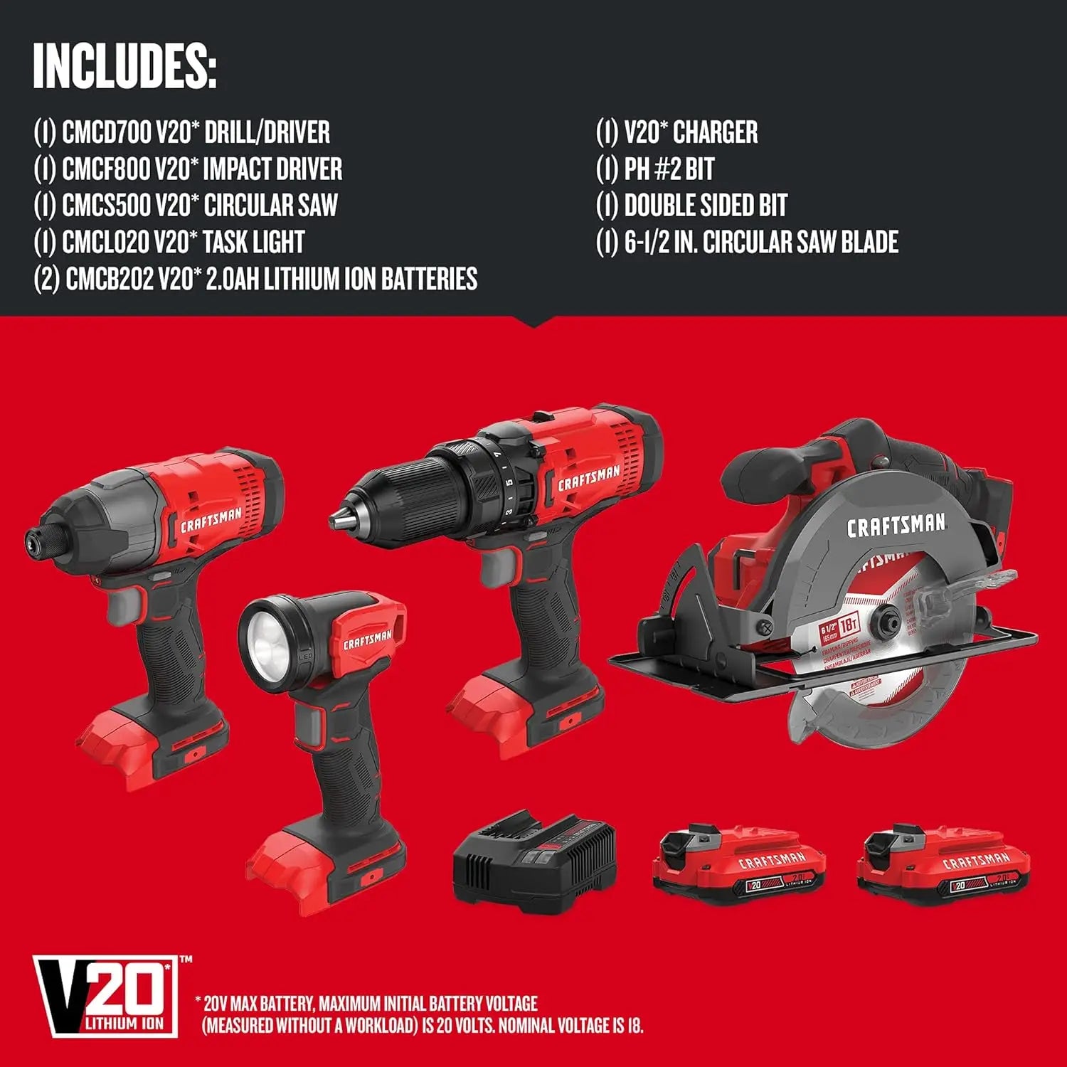 20V MAX 4-Tool Power Tool Combo Kit: Circular Saw, Impact Driver, Drill, LED Light, Batteries & Charger Included