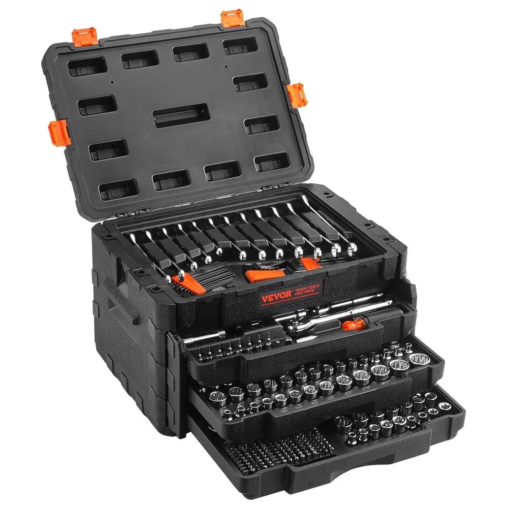 Mechanics Tool Set and Socket Set, 1 4 3 8 1 2 Drive Deep and Standard Sockets, 450 Pcs SAE and Metric Mechanic Tool Kit with B