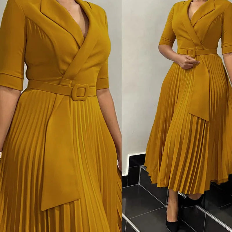 Elegant Office Dresses Pleated for Woman Notched Collar Half Sleeve Belt Waisted Mid Calf Professional Afircan Business New Robe