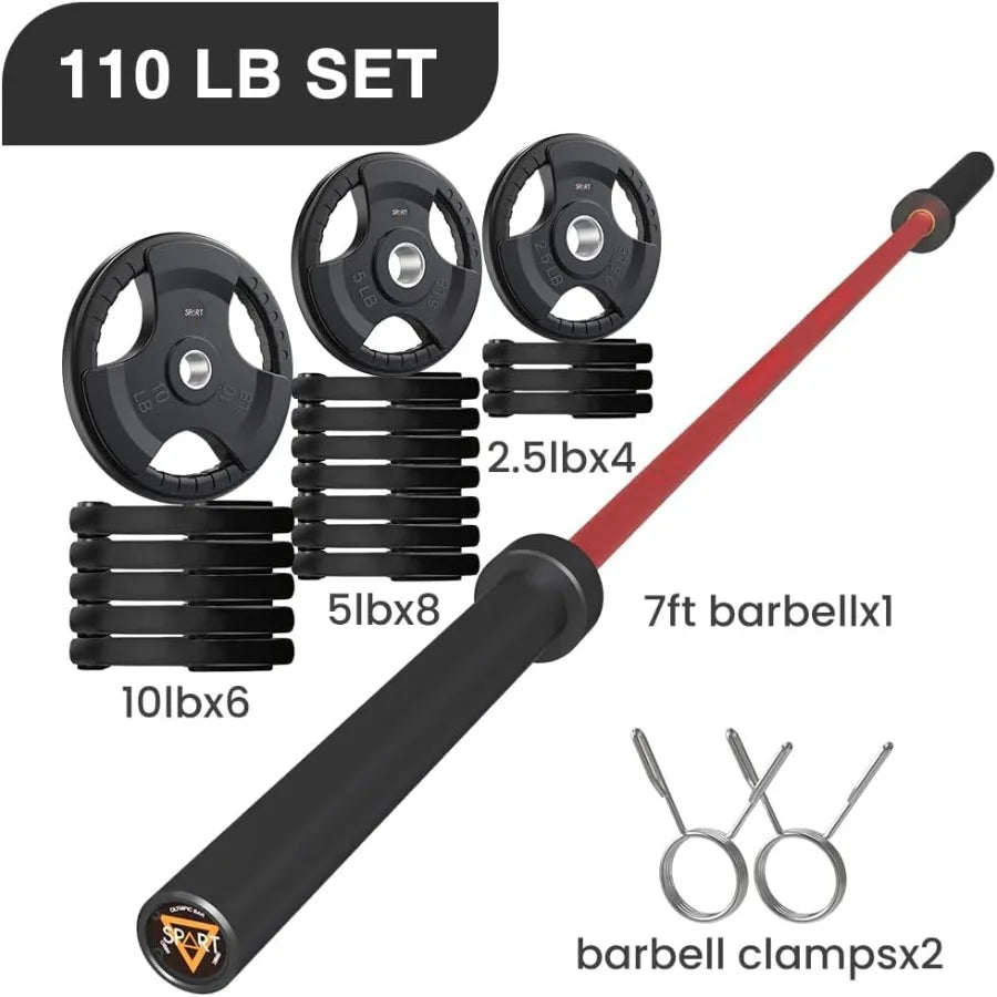 7FT Barbell Bar with 110LB Weight Plate Set Combo Solid Bar with Bearings 700Lbs Capacity Weight Bar for Home Gym Strength Train