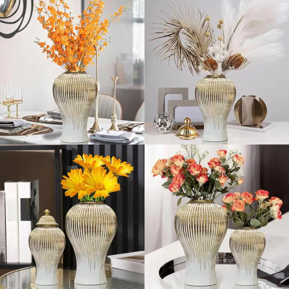 Large Handmade Porcelain Vase with Lid, White Gold Ceramic Decorative Flower Vase for Home Living Room Decor