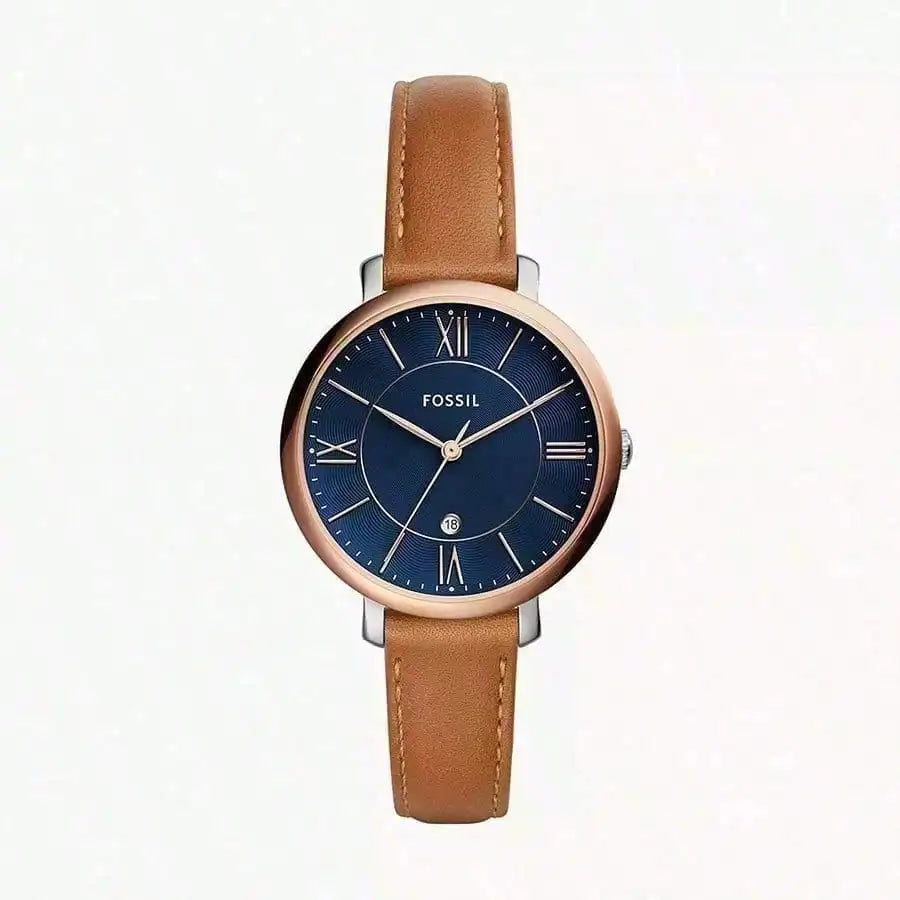 Fossil Woman Watches– 36 mm Blue Dial with Date Display, Brown Leather Band,  Vintage Aesthetic Gift Accessories