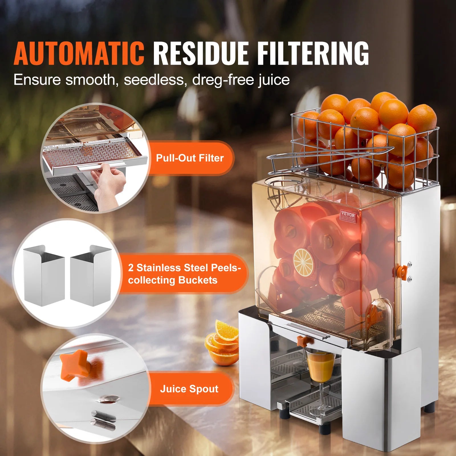 SucceBuy Commercial Orange Juicer Machine Automatic Juice Extractor Stainless Steel Orange Squeezer with Pull-Out Filter Box ﻿