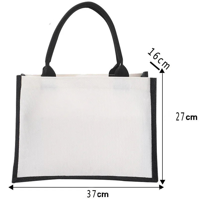 Black/White Women Girl DIY Blank Grocery Handbag Large Capacity  Foldable Travel Storage Organizer Jute Burlap Tote Bags