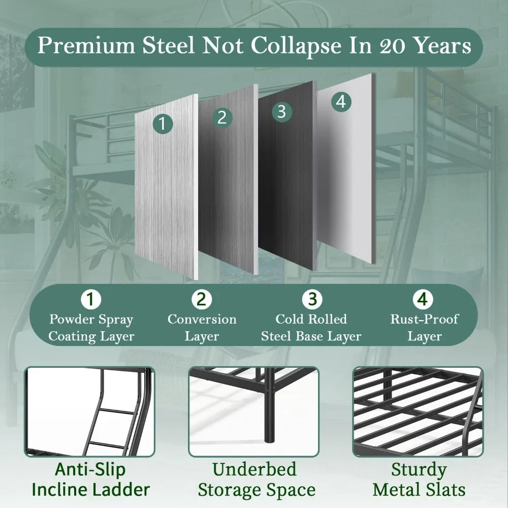 Bunk Beds Twin Over Full Size, Heavy Duty Bunk Beds with Bottom Space & Guardrail Metal Bunk Bed Frame for Aldults Dorm Bedroom