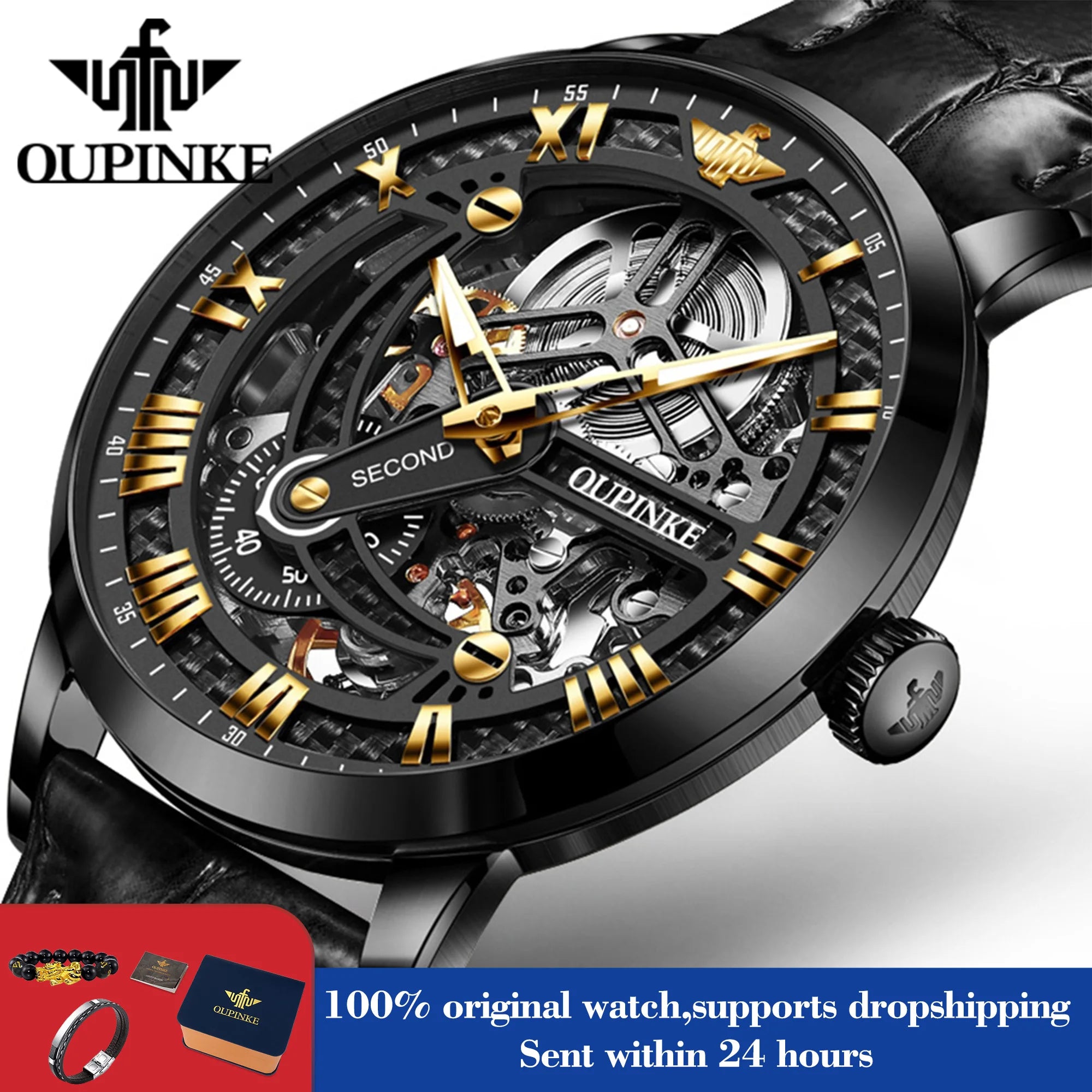 OUPINKE 3173 Man Watches Top Brand Automatic Mechanical Watch For Men Skeleton Flywheel Luxury 50M Waterproof Dress Hand Clock