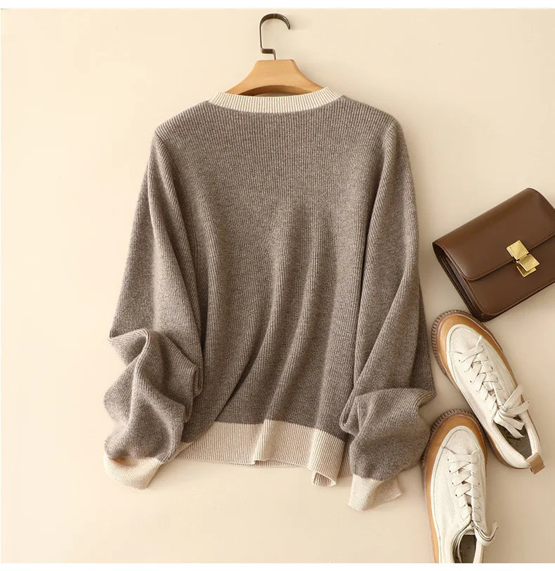 Naizaiga 100 cashmere O-neck cashmere natural color patchwork loose fitting Women spring autumn pullovers sweater  ,YLM352
