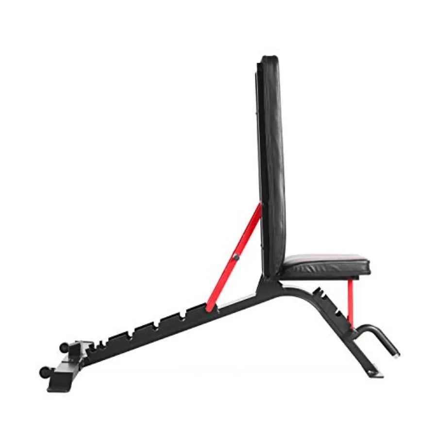 Strength FID Workout Bench for Flat Incline Decline Positions in Black/Red with Durable Steel Frame and Adjustable Backrest