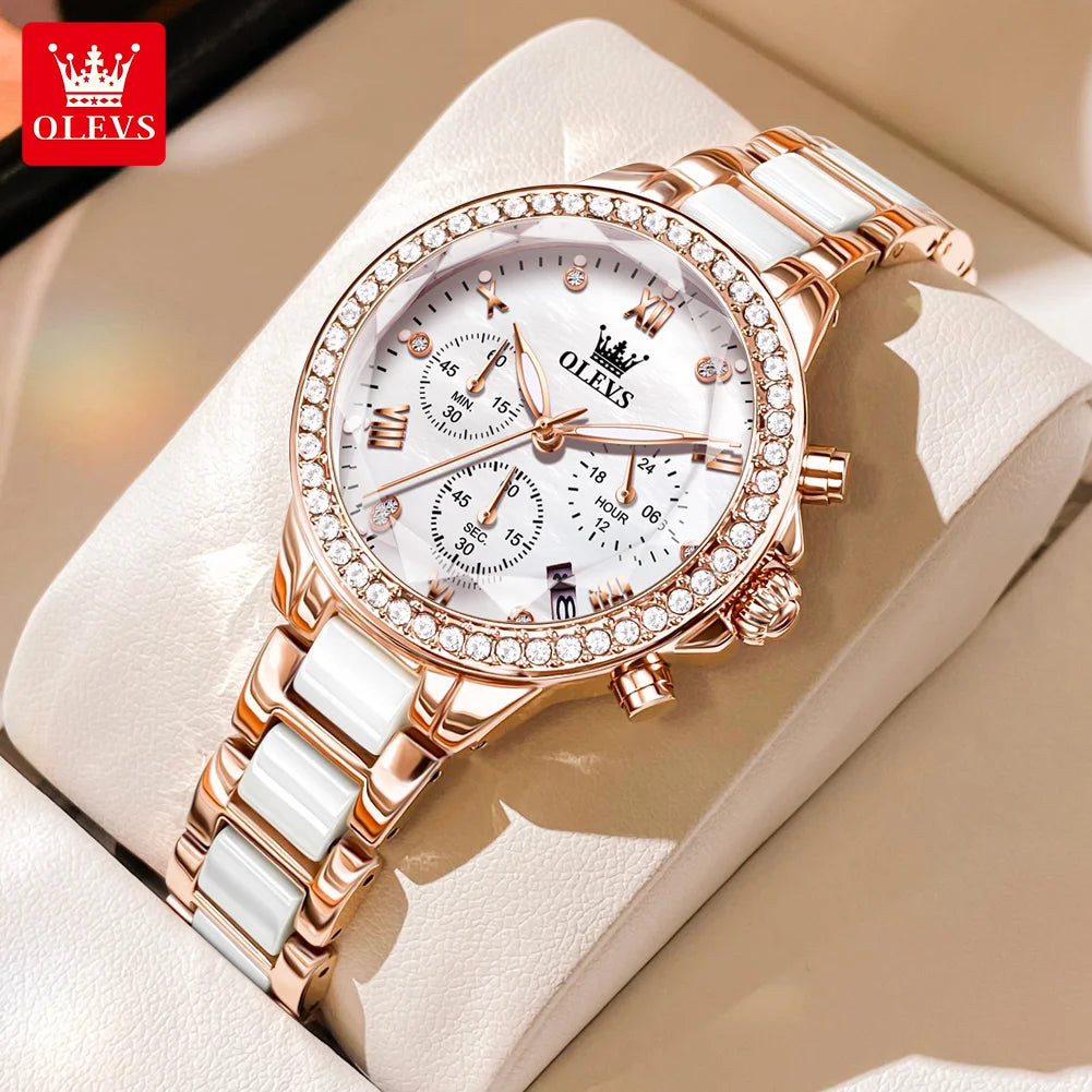 OLEVS 9999 Women Watch Brand Original Elegant Waterproof Chronograph Luxury Ceramic Dress Pink Women Quartz Watch Reloj Mujer