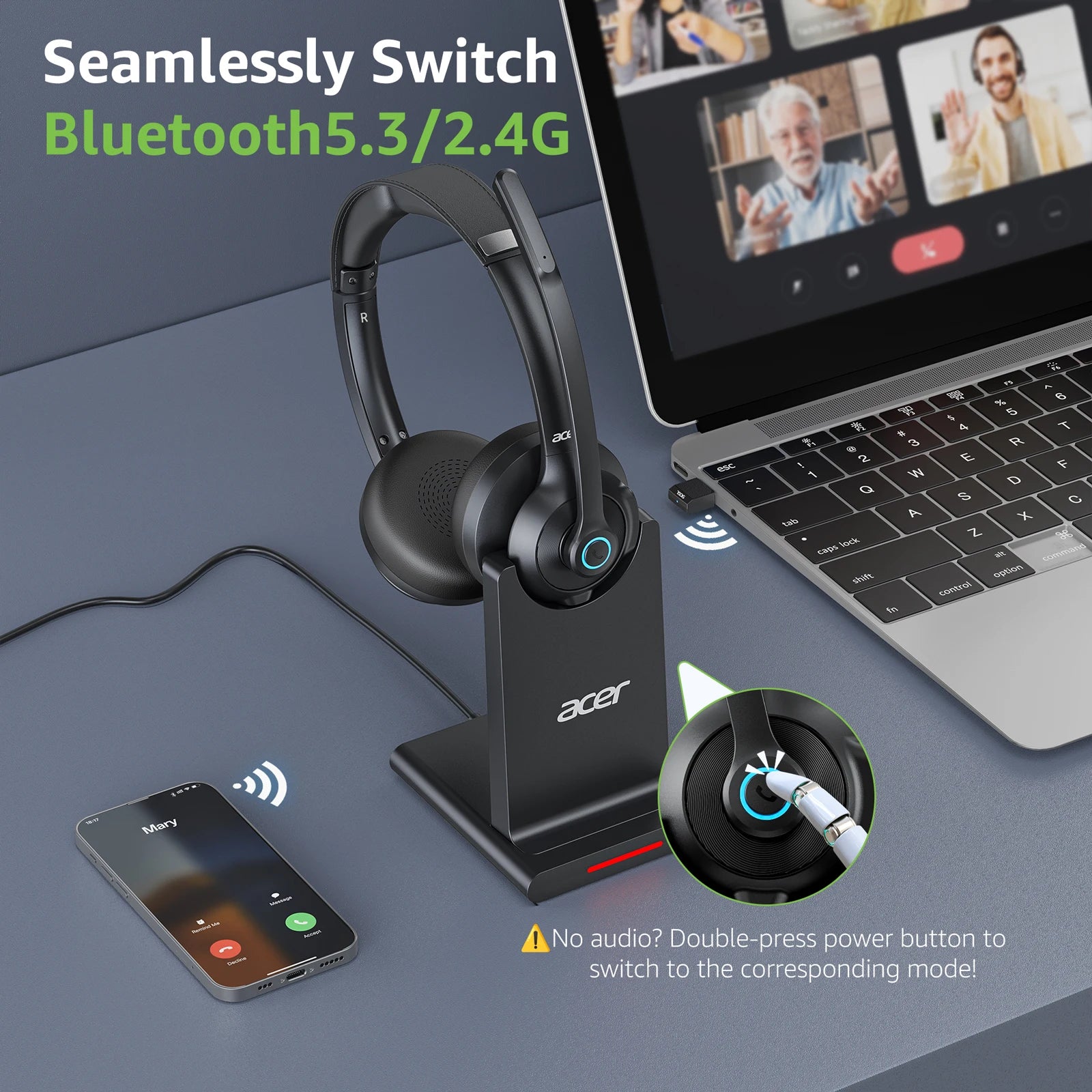 Acer HB02 Call Center Wireless Headset with Mic for Work 2.4G USB Dongle Bluetooth 5.3 Dual Mode Headphones ENC Clear Calls