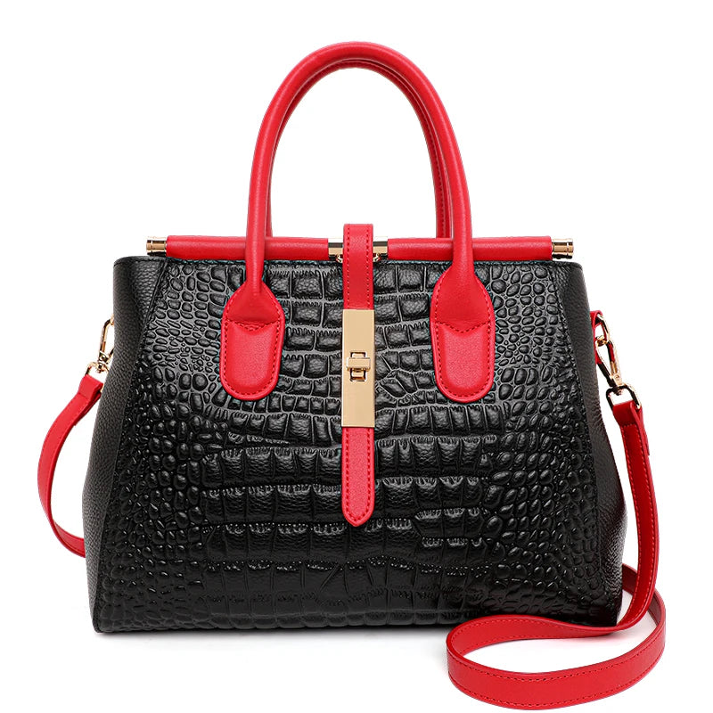 Light Luxury Crocodile Pattern Women's Handbag Large Capacity Black High Quality Cowhide Single Shoulder Crossbody Bag