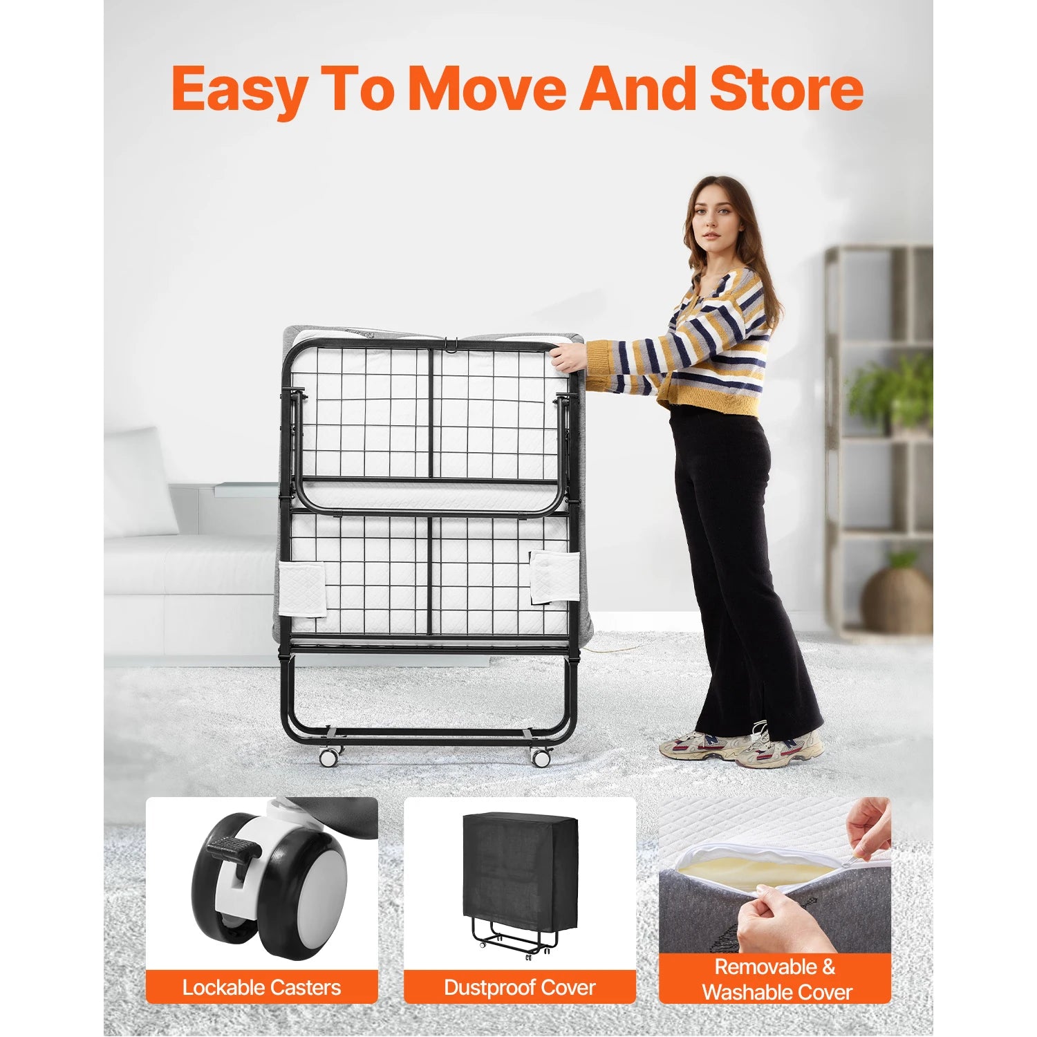 VEVOR 31/38in Rollaway Bed Portable Twin Roll Away Bed with Sturdy Metal Frame & Memory Foam Mattress Multi-functional Recliner