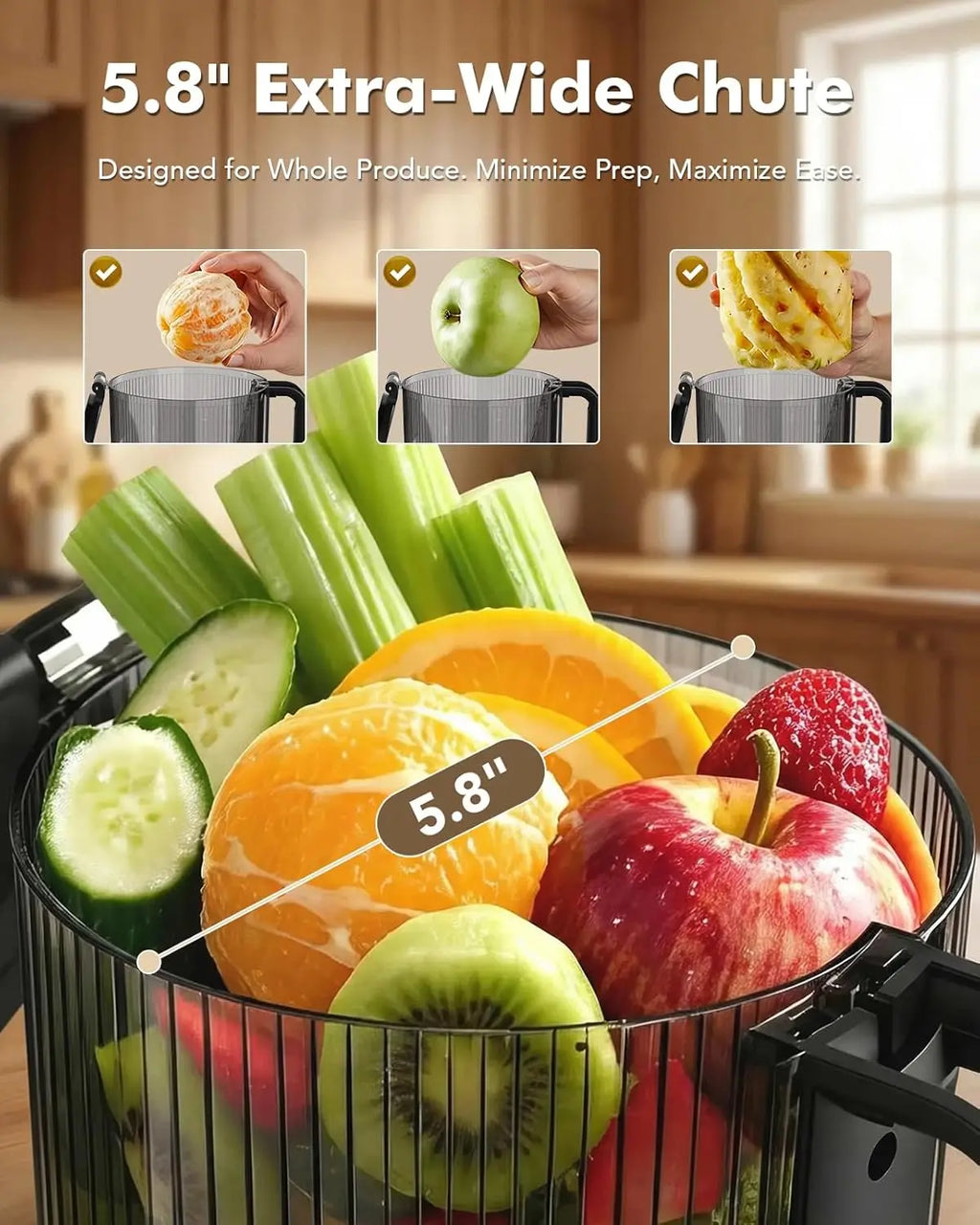 Cold Press Juicer Machines, 5.8'' Large Feed Chute for Whole Fruits and Vegetables, 300W Slow Masticating Juicer, High Juice Yield, 5 Smart Modes, Easy to Clean