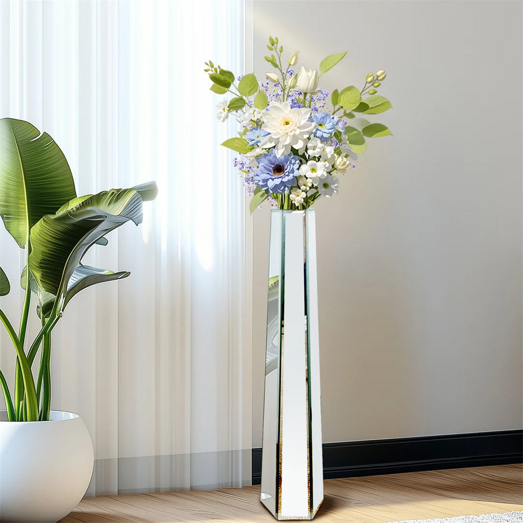 30” Floor Vase Large Decorative Mirrored Glass Flower Vase Silver Dried Flowers Vase for Living Room,