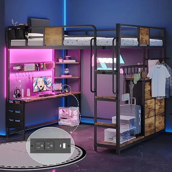 Loft Bed with Desk Full Size,Full Size Bed Frame with 6 Storage Drawers, 2 Bedside Organizer,6 Movable Hooks,LED Lights & Chargi