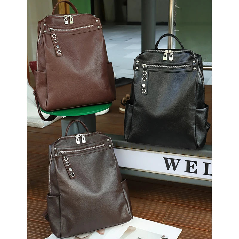 Women Natural Cow Leather Backpacks Lady Cowhide Design Large Capacity Bags Female Retro Versatile Backpacks Ladies Fashion Bag