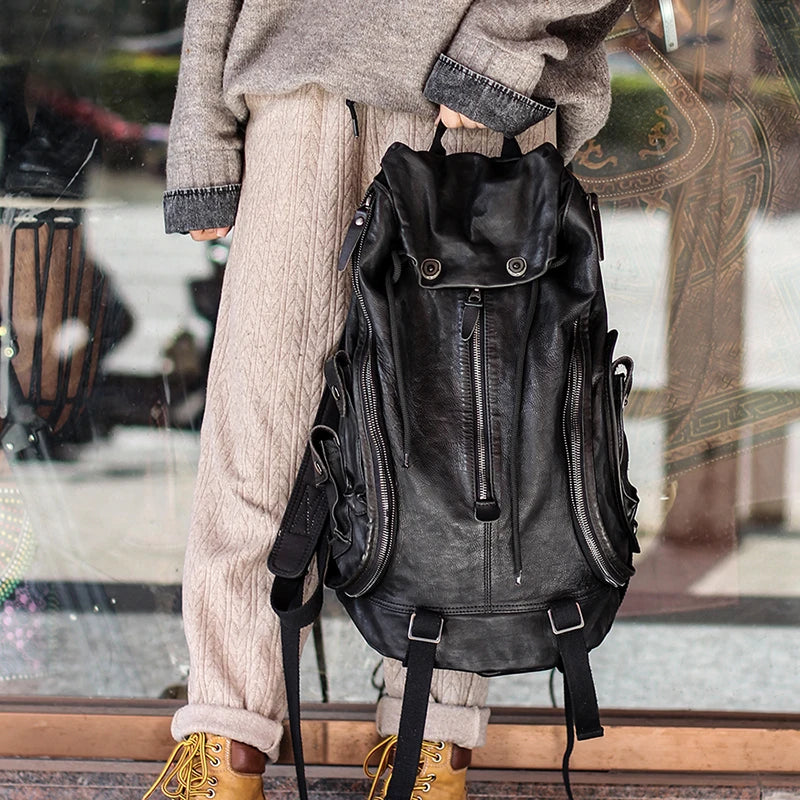 Dark wind soft black leather Men backpack vintage computer backpack Cowhide leather casual fashion bag European American style