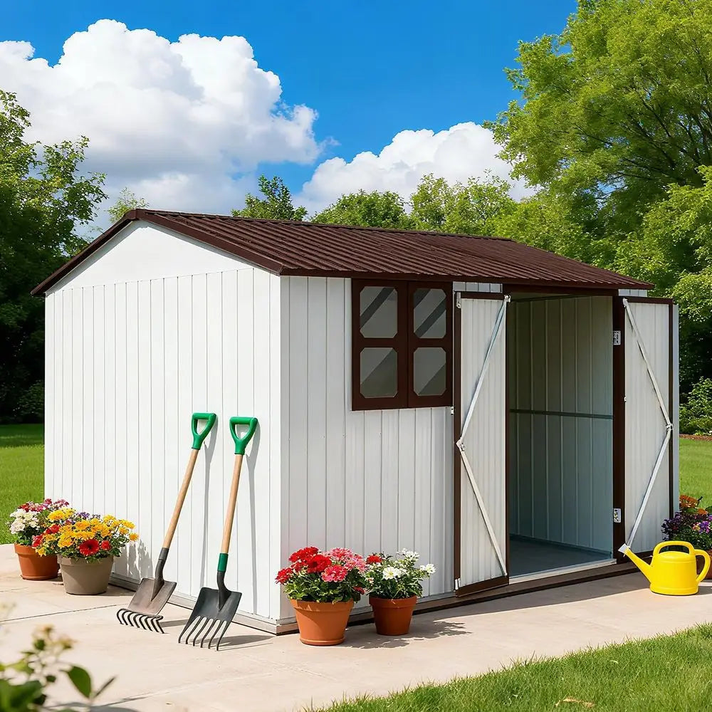 10x8 Outdoor Metal Storage Shed with Sloping Roof, Lockable Door & Windows, Weatherproof for Garden & Patio Use, White