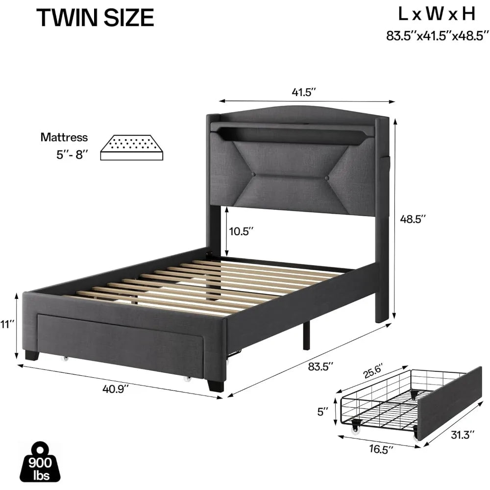 Frames with Storage Headboard, Upholstered Twin Size Bed Frame with Drawers, Charging Station and LED