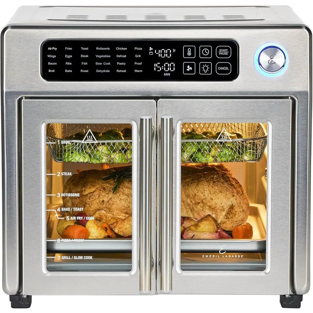 Extra Large French Door Air Fryer Toaster Oven Combo, 24 Functions, Digital Controls, 7 Accessories, Stainless Steel, 26QT Capac