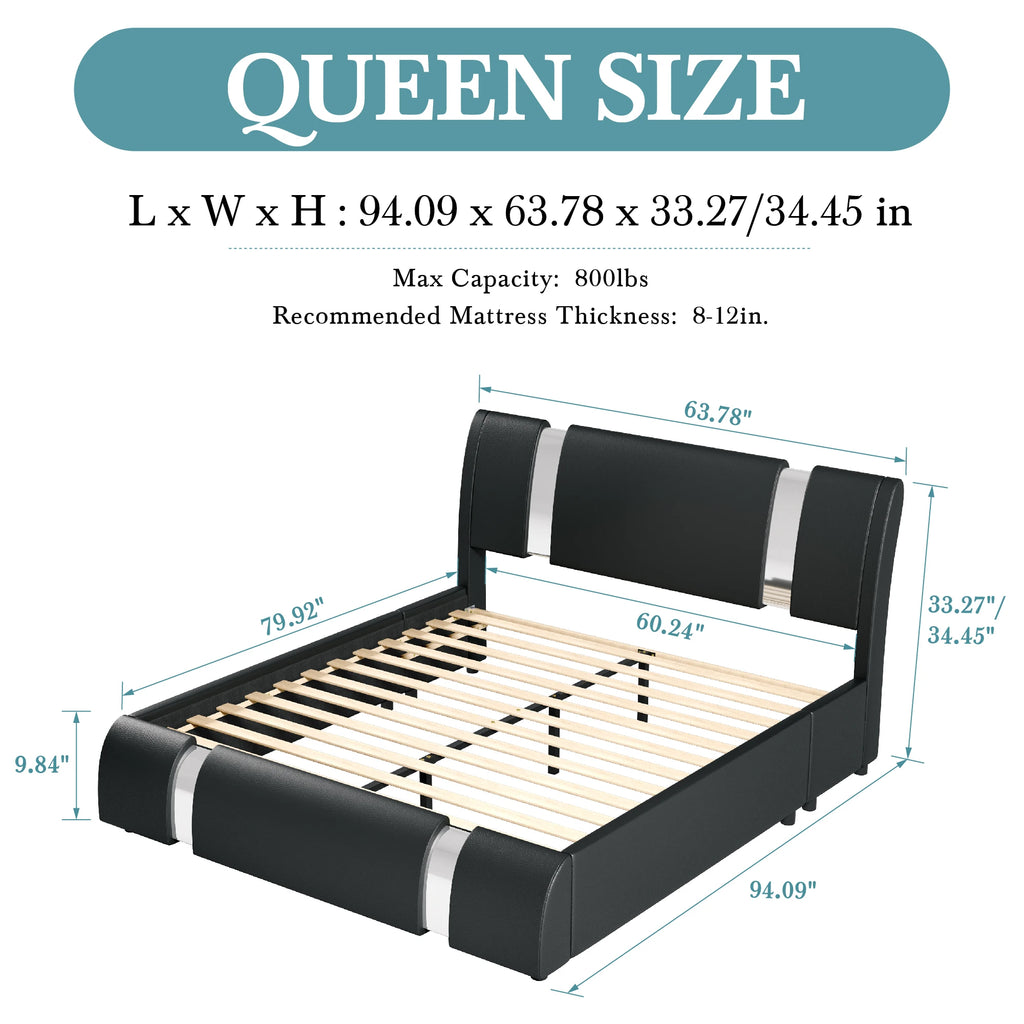 HOOMIC Modern Faux Leather Bed Frame with Iron Pieces Decor, Low Profile Platform Bed with Height-Adjustable Headboard
