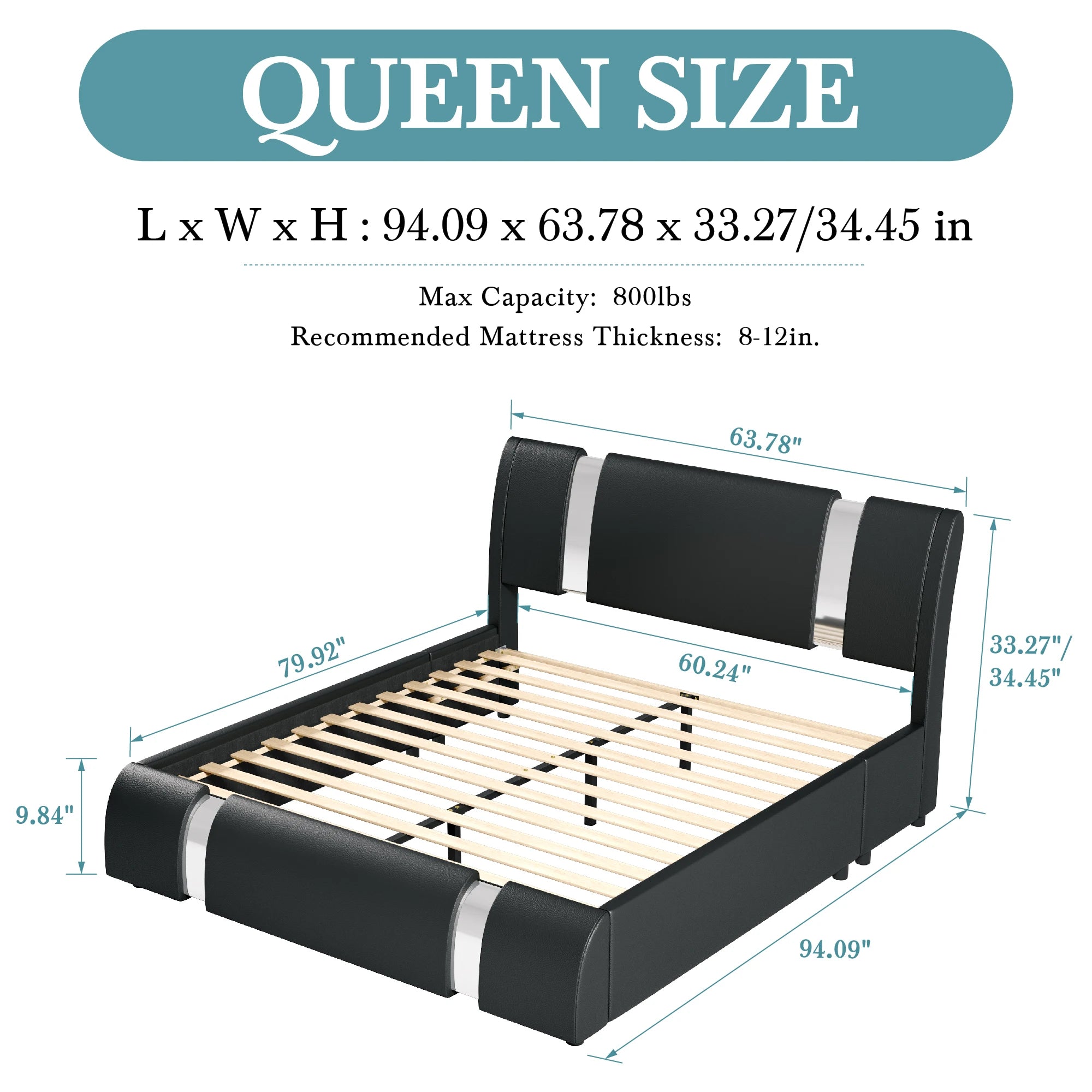 HOOMIC Modern Faux Leather Bed Frame with Iron Pieces Decor, Low Profile Platform Bed with Height-Adjustable Headboard