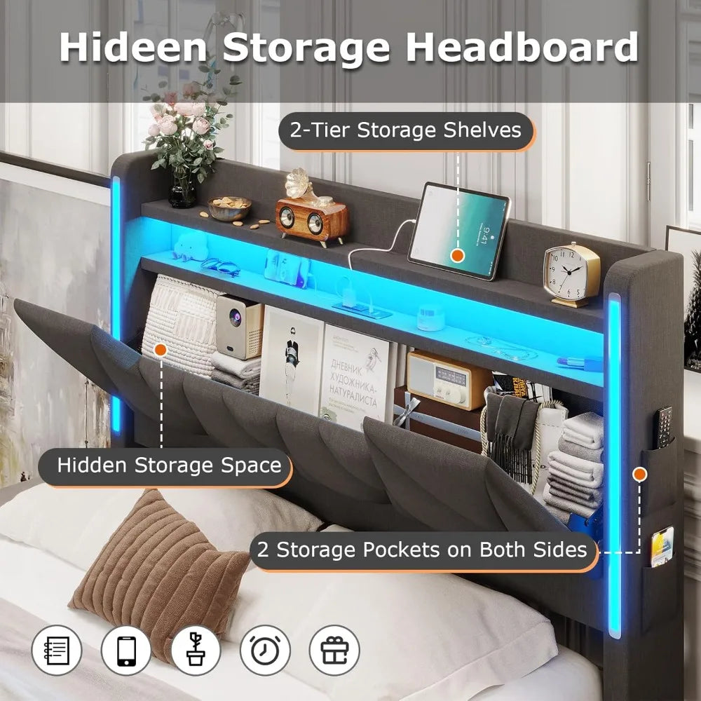 Queen Bed Frame with Storage Headboard, Metal Bed Frame with LED Lights & Charging Station, Upholstered Queen Bed with Marshmall