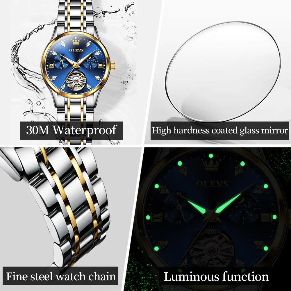 OLEVS Women's Watches Luxury Tourbillon Style Original Automatic Mechanical Watch for Woman Waterproof Luminous Ladies Watch