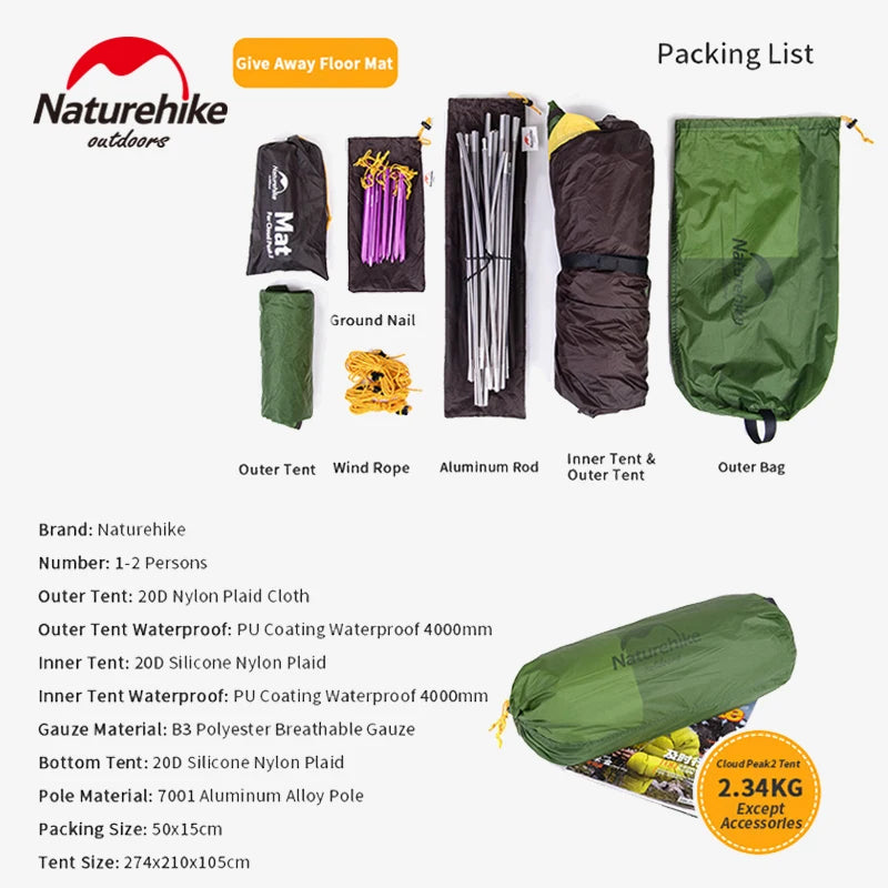 Naturehike Cloud Peak Camping Tent Ultralight Portable Travel Waterproof Tourist Hiking Awning Double Layer Tent 20D 2 People