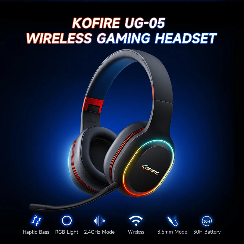 Picun UG-05 Wireless Gaming Headsets Bluetooth 5.3 with Mic Headphones  40mm Driver 2.4G/Wireless/Cable RGB Overhead Headphone