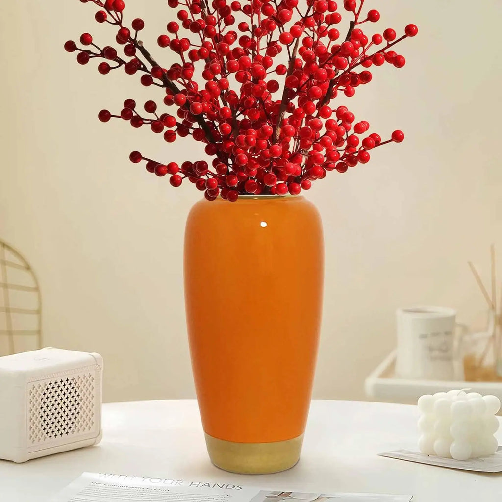 Ceramic Large Vase,Orange 11.8 Inch Tall Floor Vase,Rustic Decorative Vases for Living Room Entrance Table Centerpiece,Kitchen