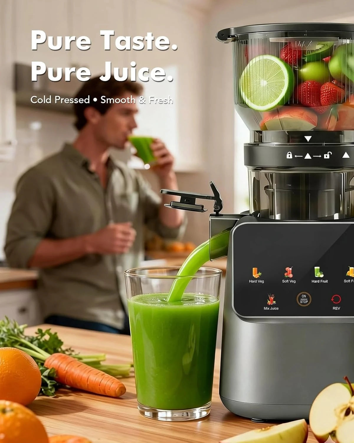 Cold Press Juicer Machines, 5.8'' Large Feed Chute for Whole Fruits and Vegetables, 300W Slow Masticating Juicer, High Juice Yield, 5 Smart Modes, Easy to Clean