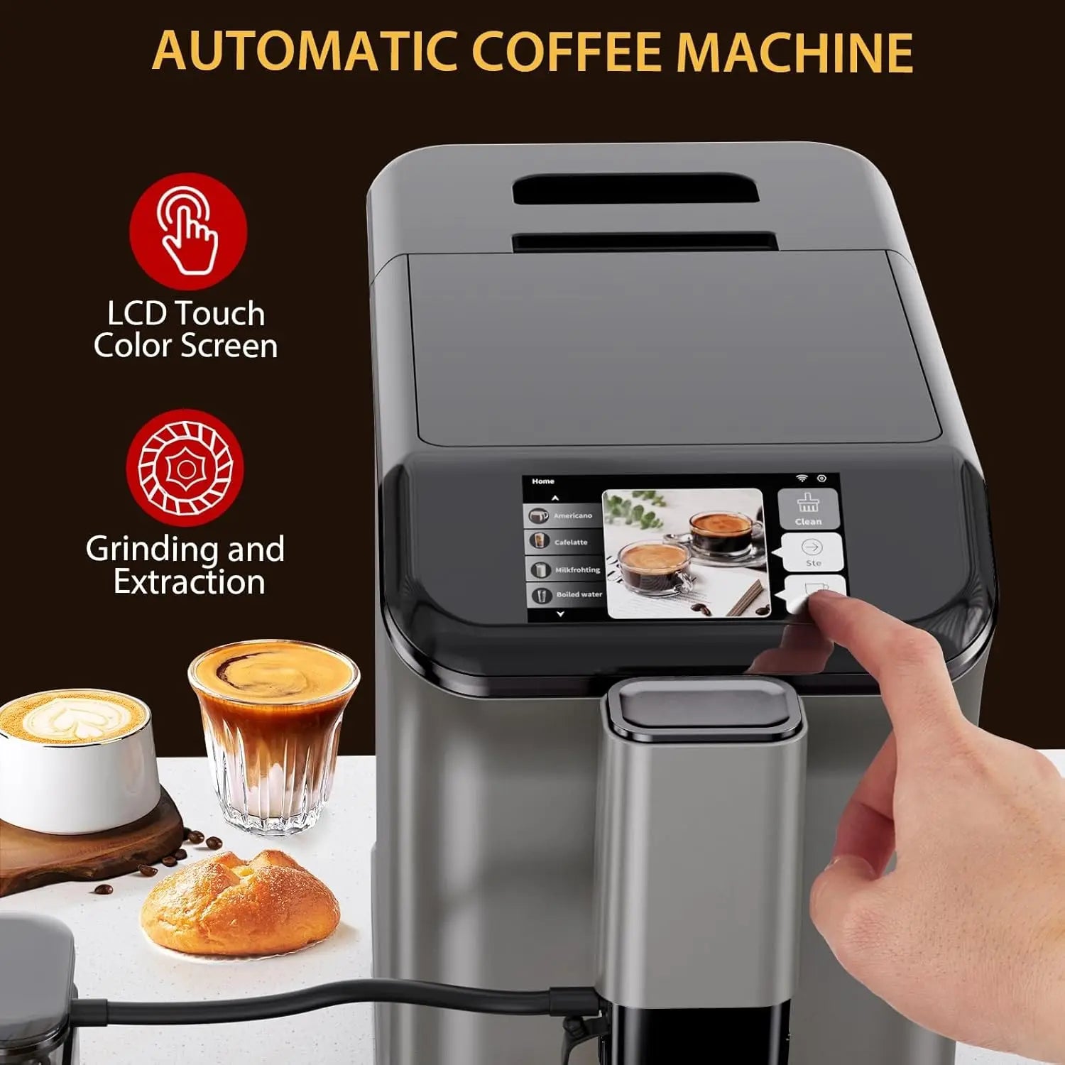 20 Bar Fully Automatic Coffee Maker Machine with Grinder & Auto Milk Frother, 6 Presets, LCD Touch Screen, Auto-Clean, 53oz Water Tank, 120V for Home Office Coffee Shop