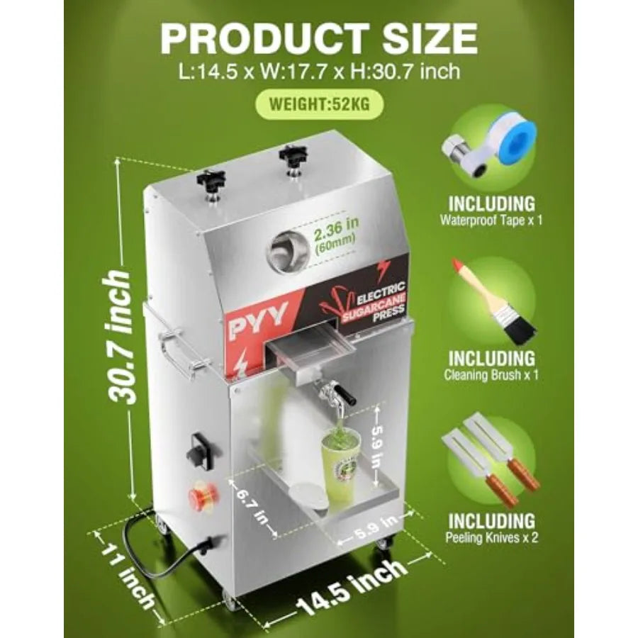 Commercial sugar cane juicer machine for food service, stainless steel 3-roller extractor in silver with efficient juice extrac