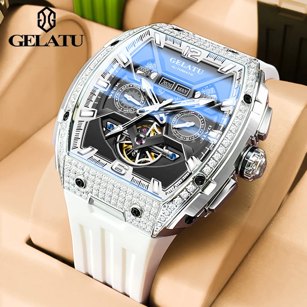 GELATU 6016 Skeleton Flywheel Automatic Men Watch Original Waterproof Silicone Strap Luxury Brand Diamond Men Mechanical Watch