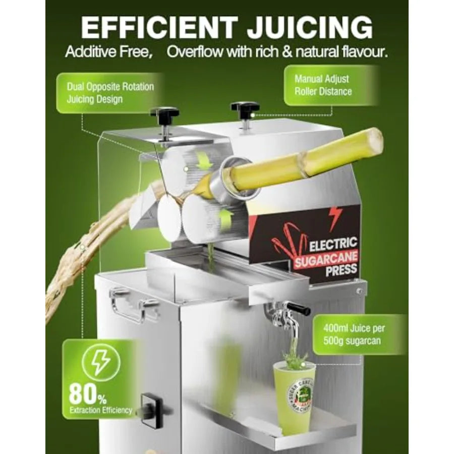 Commercial sugar cane juicer machine for food service, stainless steel 3-roller extractor in silver with efficient juice extrac