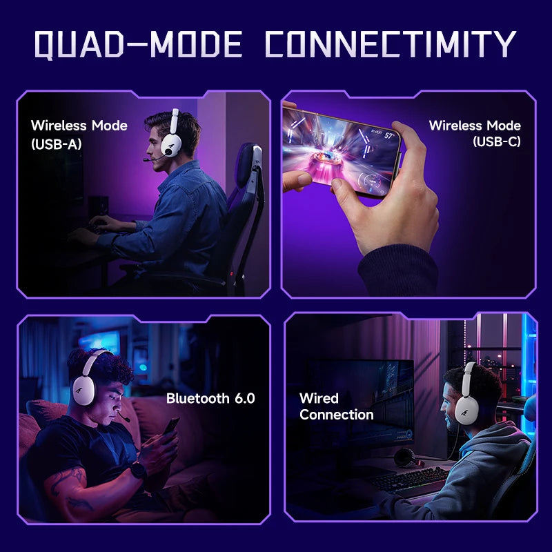 Picun UG-10A 56dB Gaming Wireless Headphone with Mic Over-Ear Headset Bluetooth 6.0 40mm Driver 2.4G/Wireless/Cable Earphones