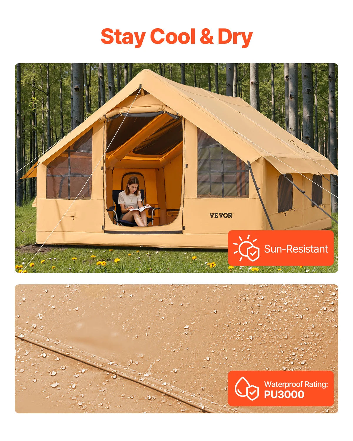 VEVOR Inflatable Tents for Camping Easy Setup Blow up Tent with Hand Pump Glamping Tent with Skylight Stove Jack & Mesh Windows