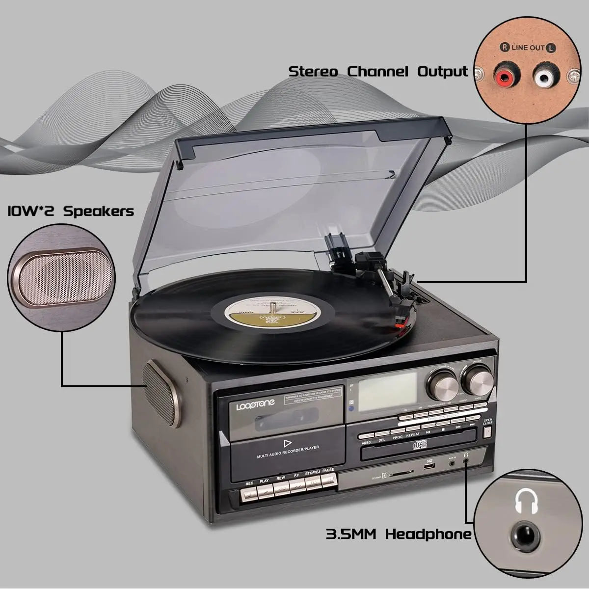 10-in-1 Vintage Turntable: 3-Speed Bluetooth, CD, Cassette, AM/FM Radio, USB, Aux, RCA (Black-Grey)