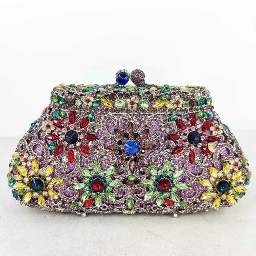 Boutique De FGG (in stock) Flower Crown Clutch Silver Crystal Evening Handbag Women Party Prom Bag Bridal Clutches Wedding Purse