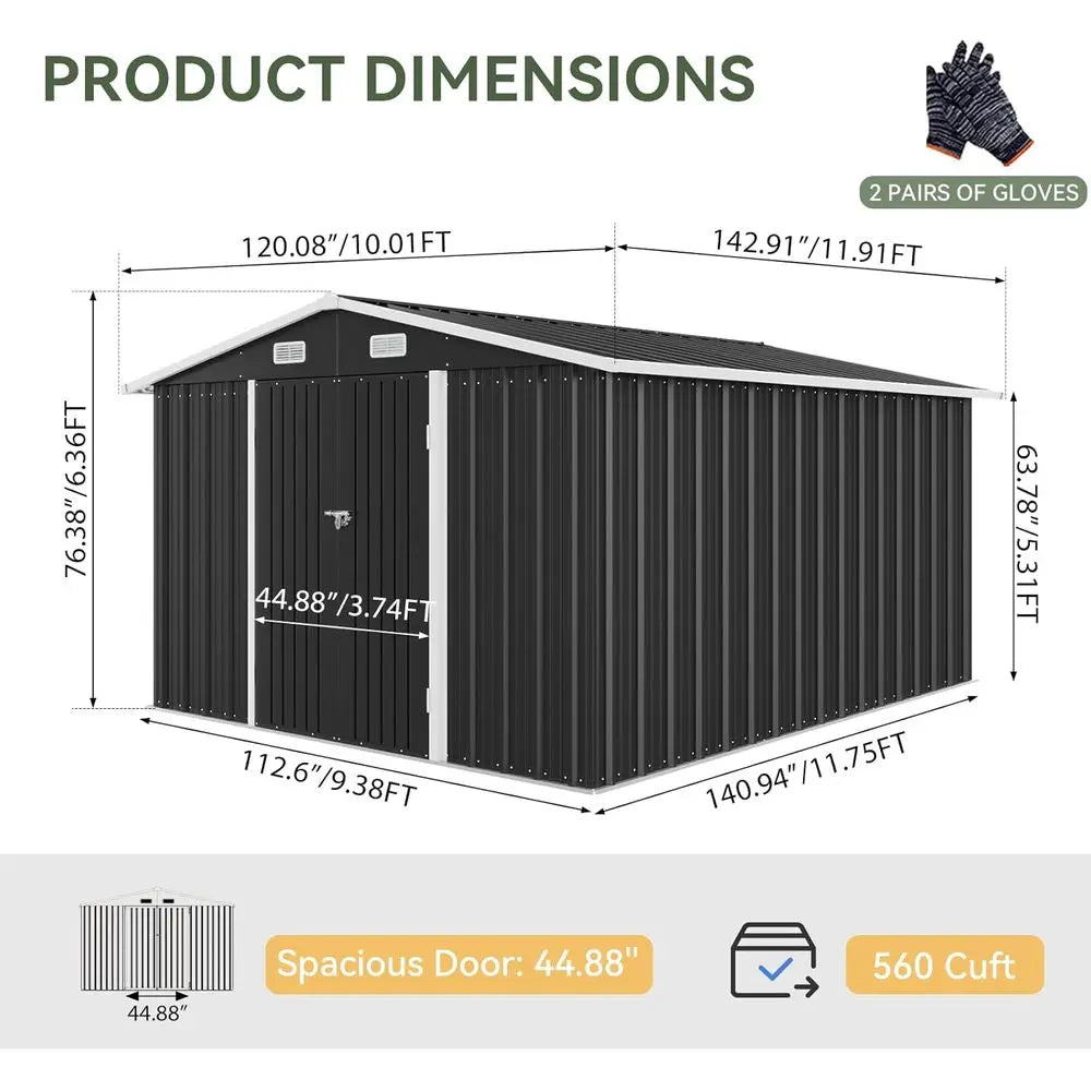 10 x 12-Foot Outdoor Storage Shed with Double Hinged Door, Lockable and Sloped Roof for Garden and Backyard Use, Black