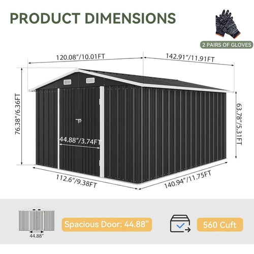 10 x 12-Foot Outdoor Storage Shed with Double Hinged Door, Lockable and Sloped Roof for Garden and Backyard Use, Black