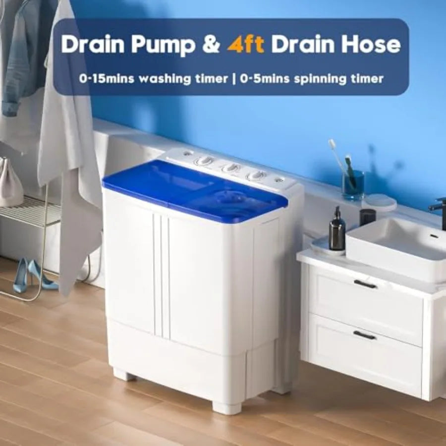 Portable washer and dryer combo for apartment, RV, dorm laundry use; blue twin tub unit with 20 lbs capacity and 1.5 cu.ft drye