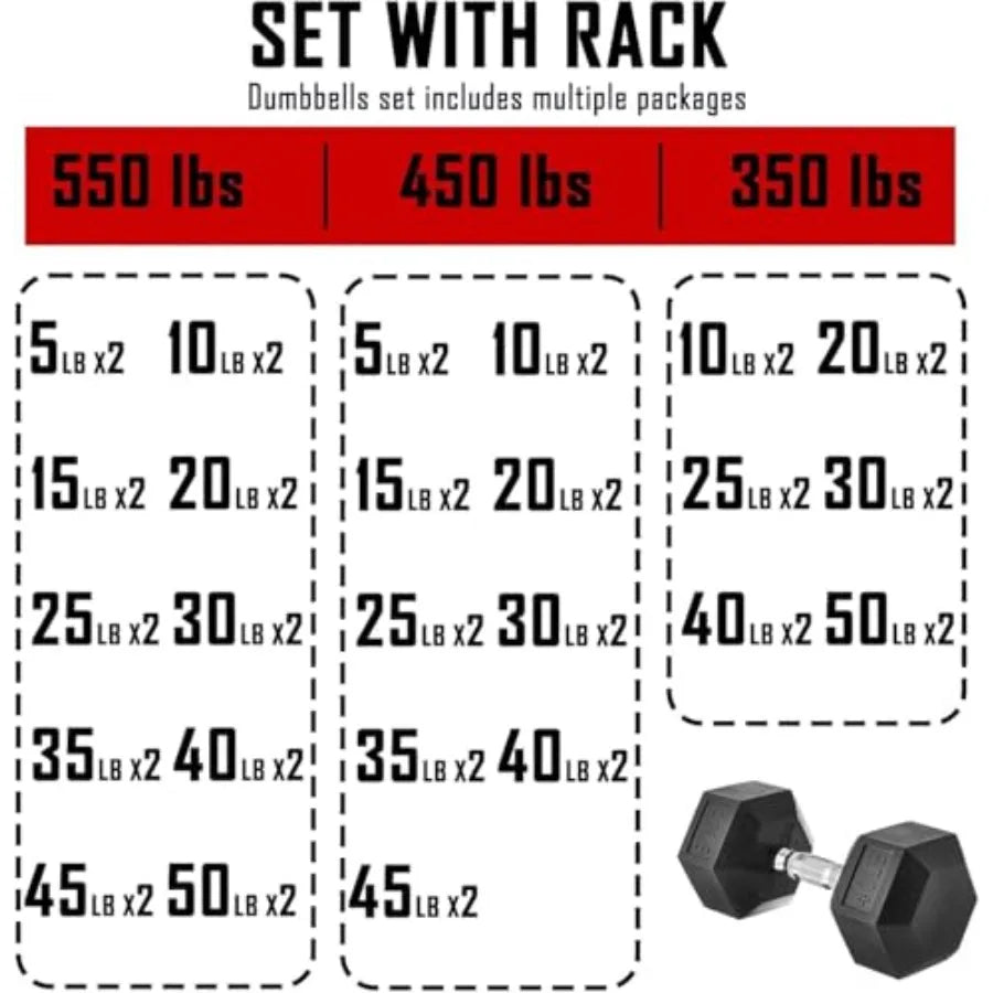 Rubber Hex Dumbbell Set with Rack - 350/450/550lbs Adjustable Free Weight for Home Gym Strength Training Durable Black Fitness