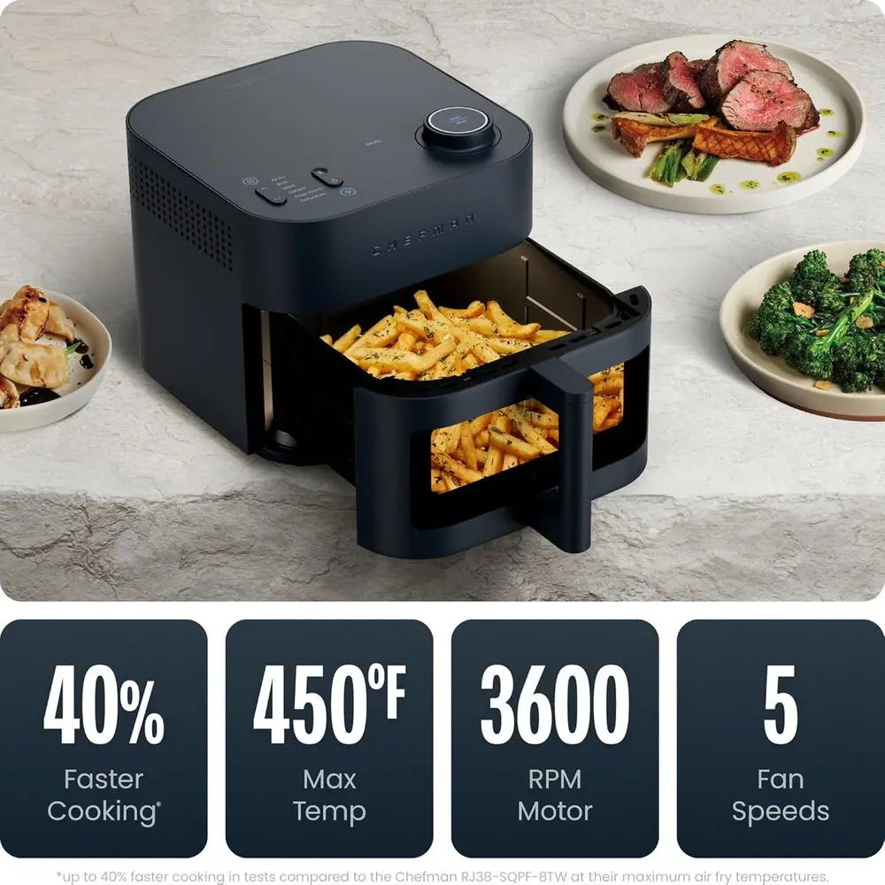 6-in-1 8 Qt Air Fryer with 450°F Max Temp, Turbo Heat Technology, Viewing Window, Nonstick Ceramic Basket
