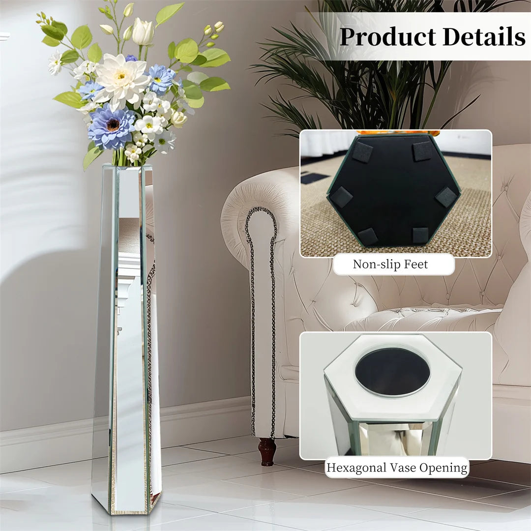 30” Floor Vase Large Decorative Mirrored Glass Flower Vase Silver Dried Flowers Vase for Living Room,
