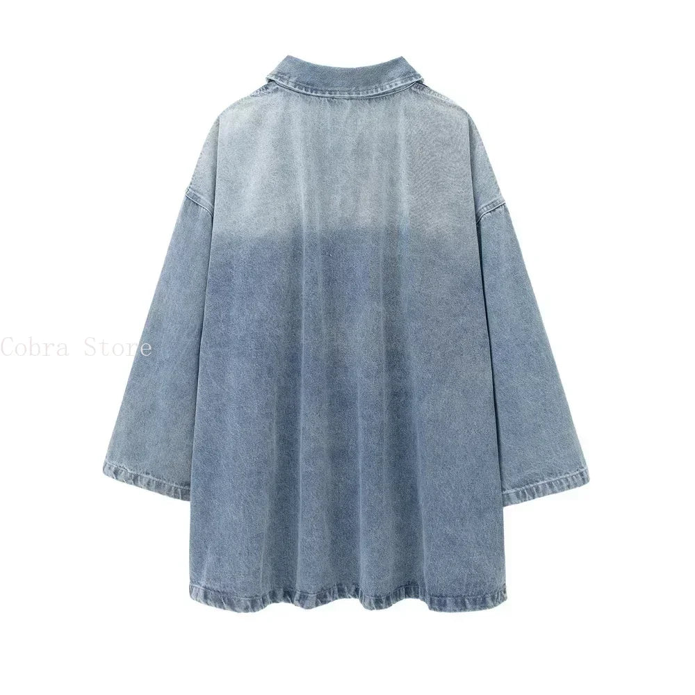 Women's Long Sleeve Denim Mini Dress with Pocket, Lapel Collar, Front Zipper, Oversized Dresses, Female Fashion