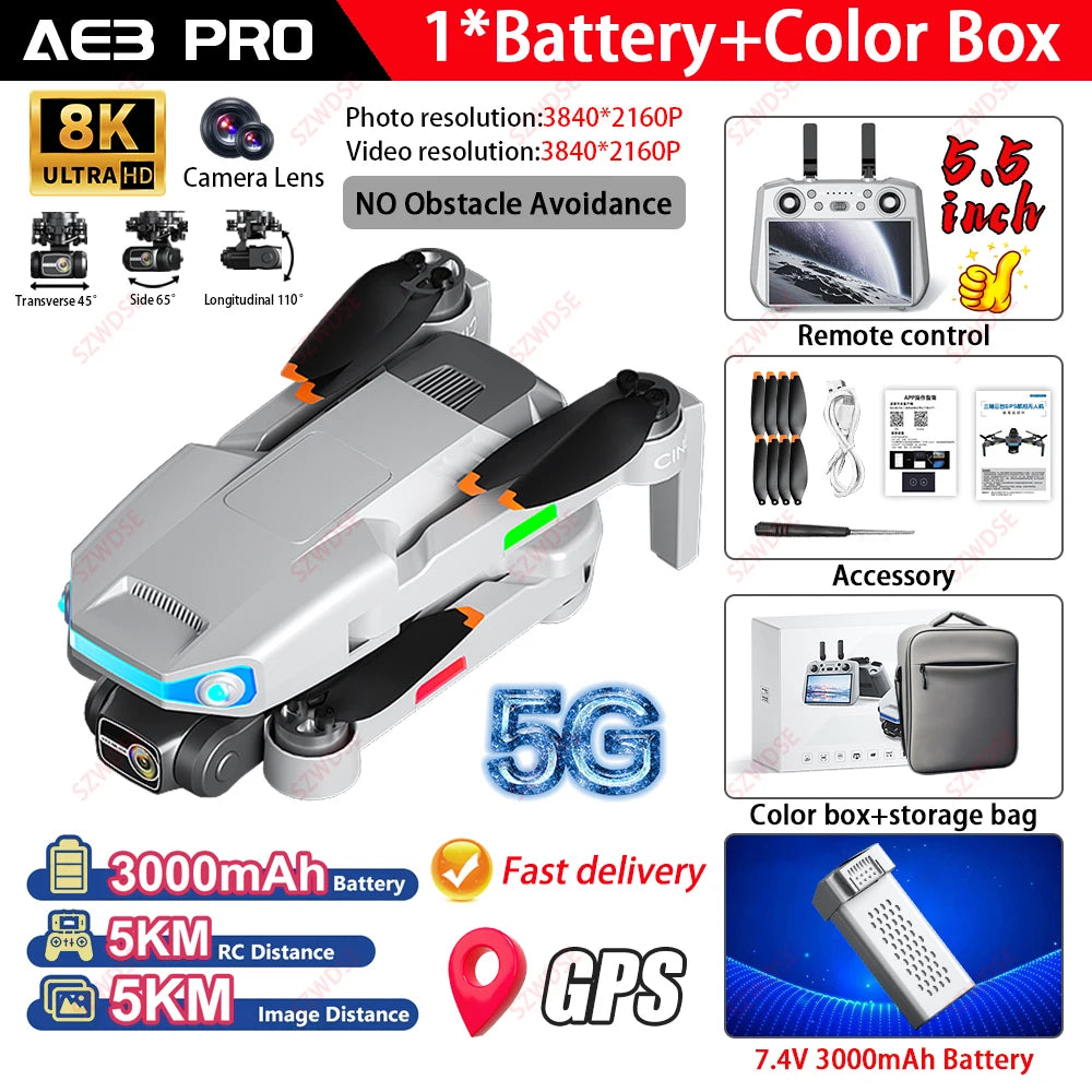 AE3 PRO MAX GPS Digital FPV with 8K HD Camera 3-Axis EIS Gimbal Obstacle Avoidance Touchable Screen Controller Brushless Drone