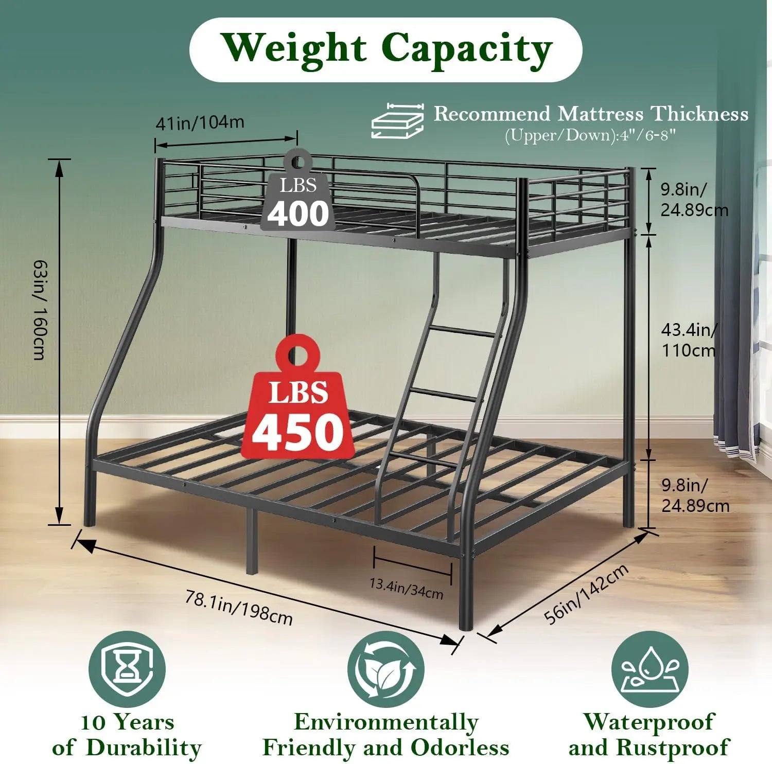 Bunk Beds Twin Over Full Size, Heavy Duty Bunk Beds with Bottom Space & Guardrail Metal Bunk Bed Frame for Aldults Dorm Bedroom